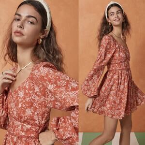 CAROLINE CONSTAS NWT Blakely Floral Cotton Mini Dress in Rust Toile Size S